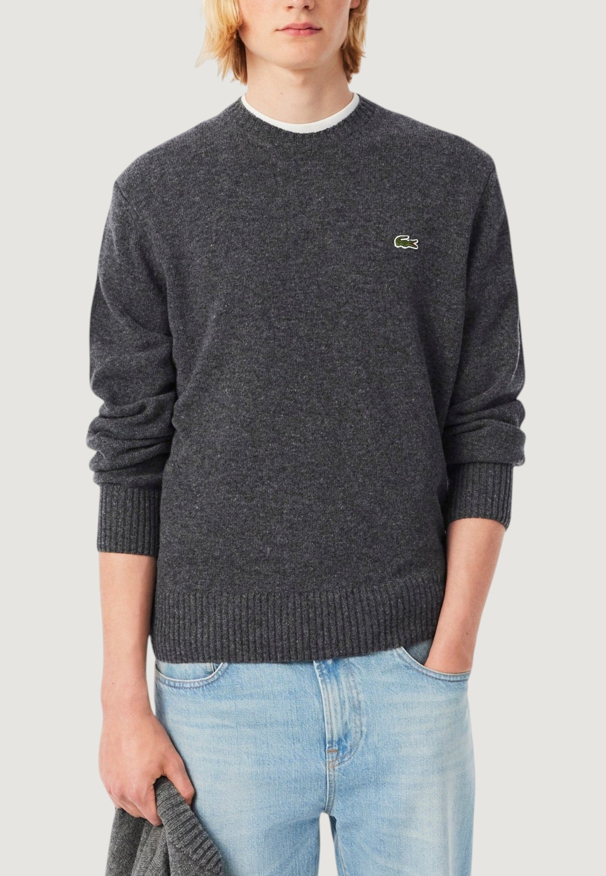 Lacoste Wollen trui met ronde hals en geborduurd logo – Grijs