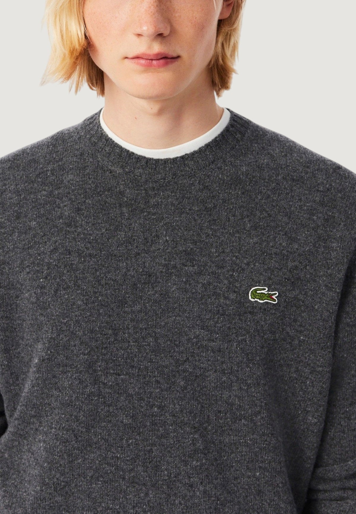 Lacoste Wollen trui met ronde hals en geborduurd logo – Grijs