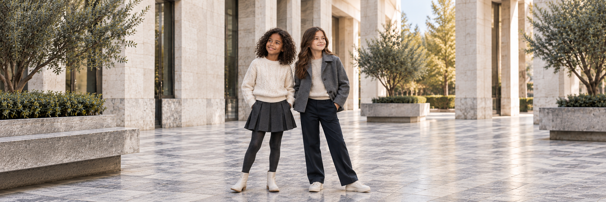Designerkleding voor meisjes – twee meisjes in trui, rok en broek