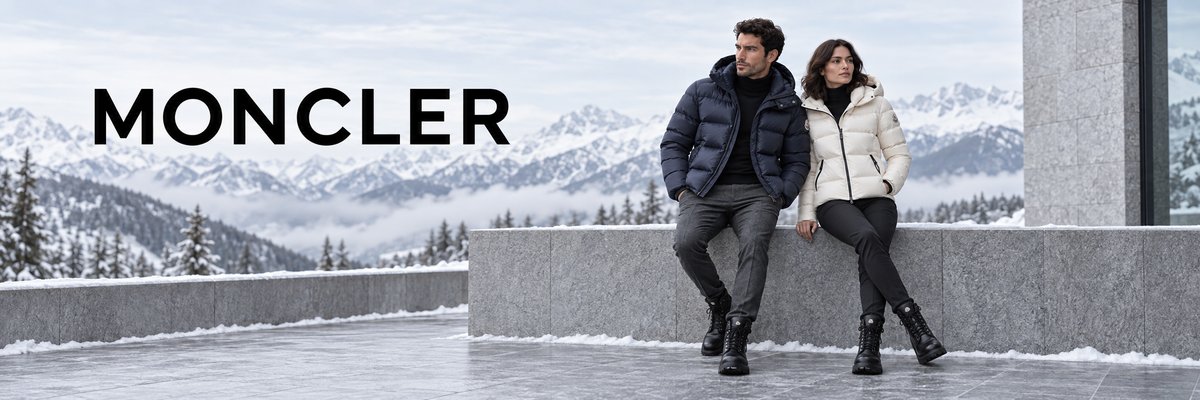 Moncler donsjassen – man en vrouw in gewatteerde jassen in de sneeuw