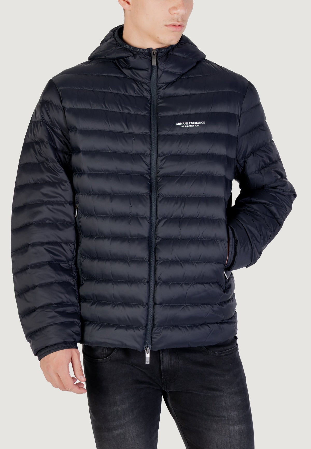 Armani Exchange Donsjas met Hoge Hals en Capuchon – Marineblauw