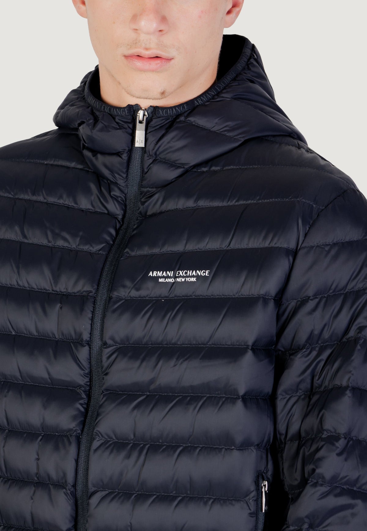 Armani Exchange Donsjas met Hoge Hals en Capuchon – Marineblauw