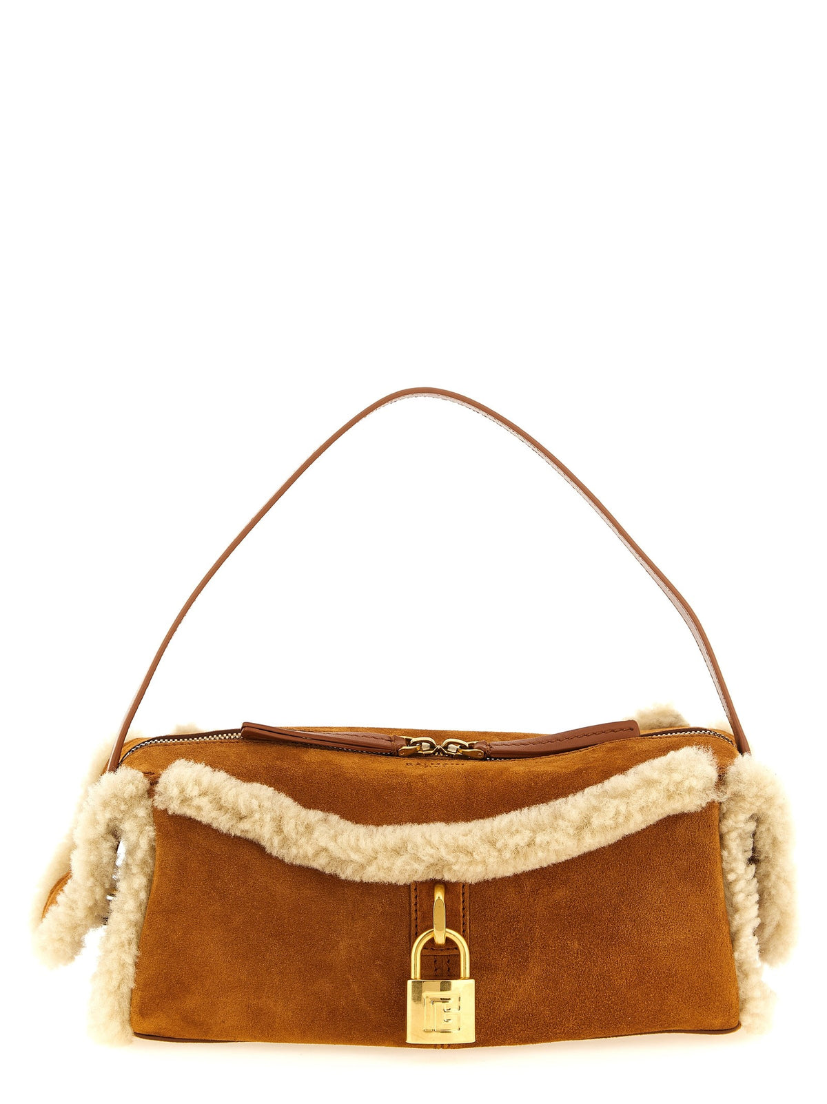 Balmain Suède schoudertas met shearling – Cognac