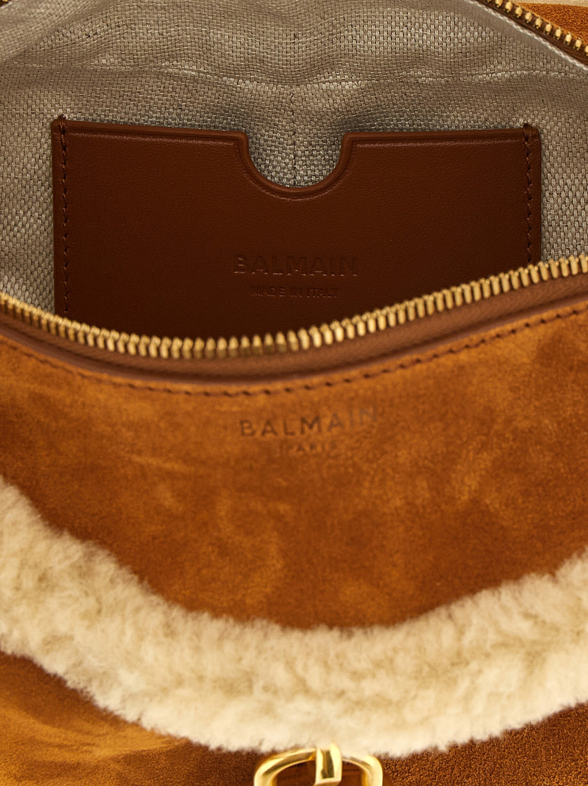 Balmain Suède schoudertas met shearling – Cognac