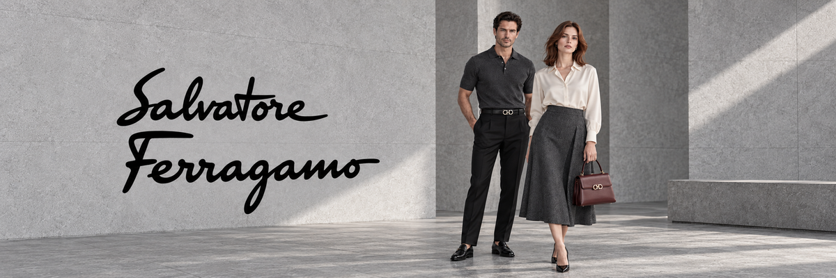 Salvatore Ferragamo mode – man in zwart en vrouw met plooirok en Ferragamo tas