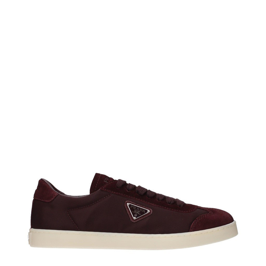 Prada Re-Nylon Sneakers van stof en suède met veters – Rood / Bordeauxrood