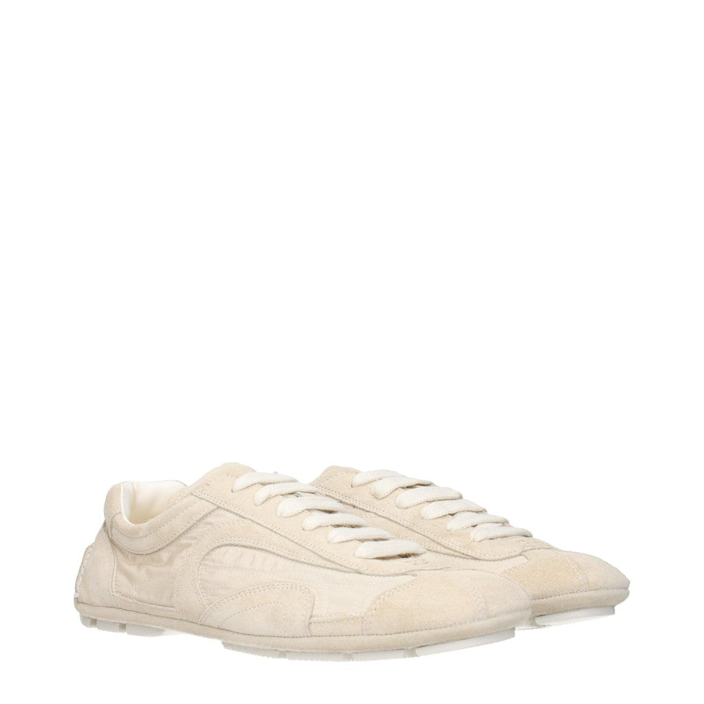 Prada Sneakers van stof en suède met vetersluiting – Beige / Ivoor