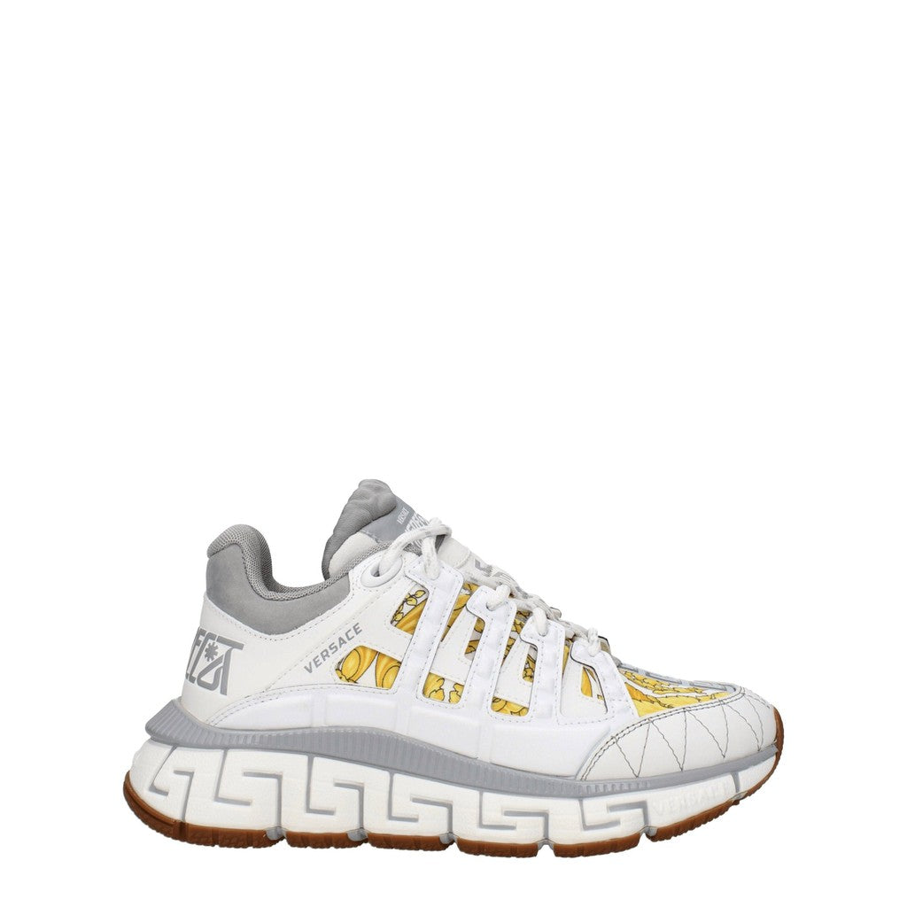 Versace Trigreca Chunky sneakers van leer, suède en stof – Wit / Grijs