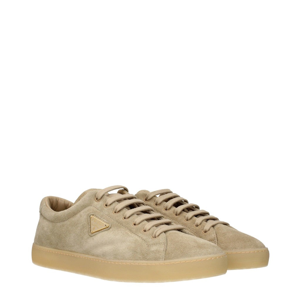 Prada Suède sneakers met goudkleurige details – Beige
