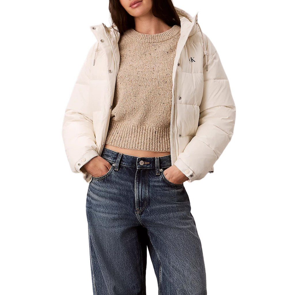 Calvin Klein Donsjas met capuchon en logo – Wit