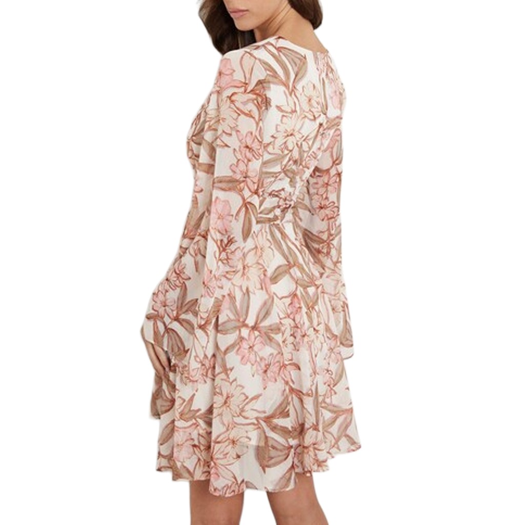 Guess Knielange jurk met V-hals en lange mouwen – Beige / Bruin