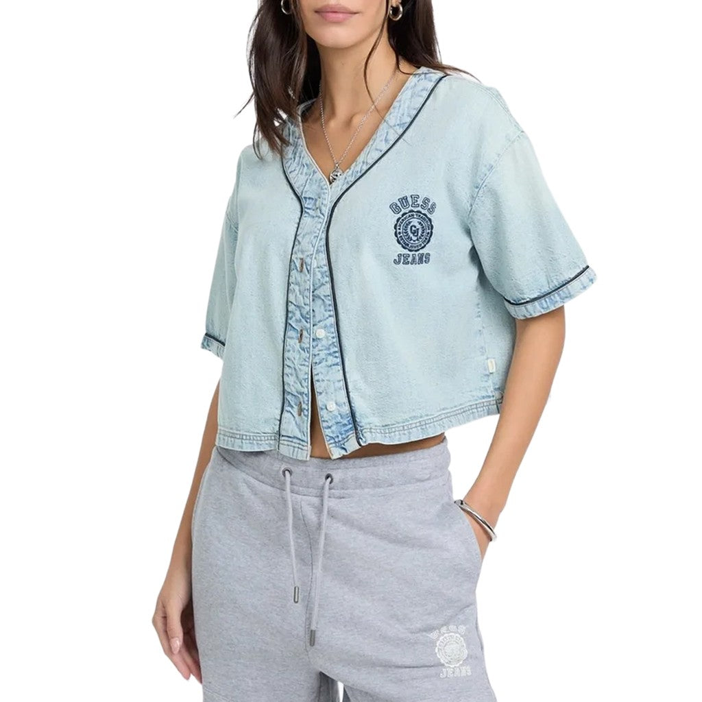 Guess Denim blouse met korte mouwen en knoopsluiting – Lichtblauw