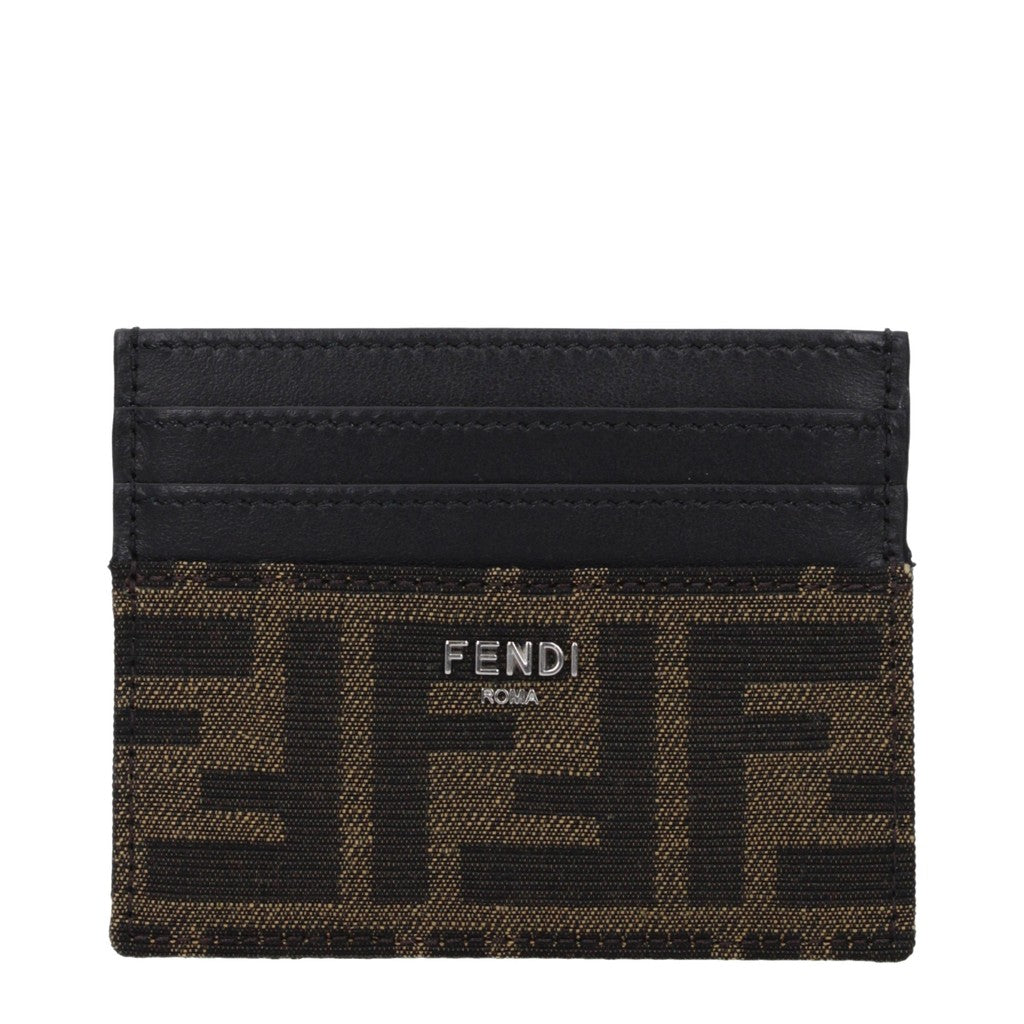 Fendi Platte kaarthouder van leer en stof – Bruin / Zwart