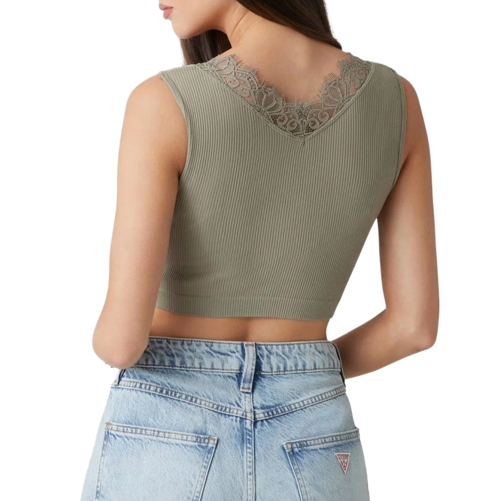 Guess Top met V-hals en geborduurd logo – Olijfgroen