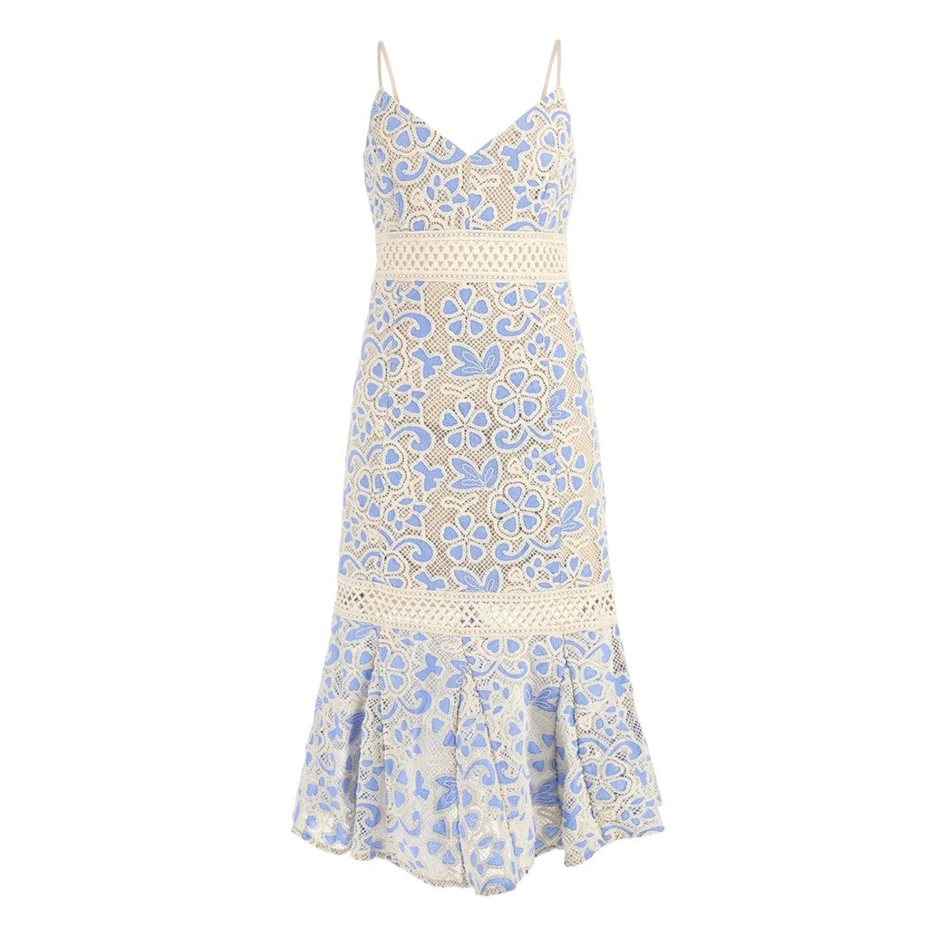 Guess Knielange jurk met V-hals en schouderbandjes – Lichtblauw