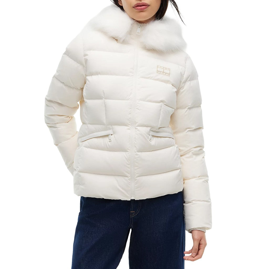 Tommy Jeans Pufferjas met capuchon en bontkraag – Gebroken wit