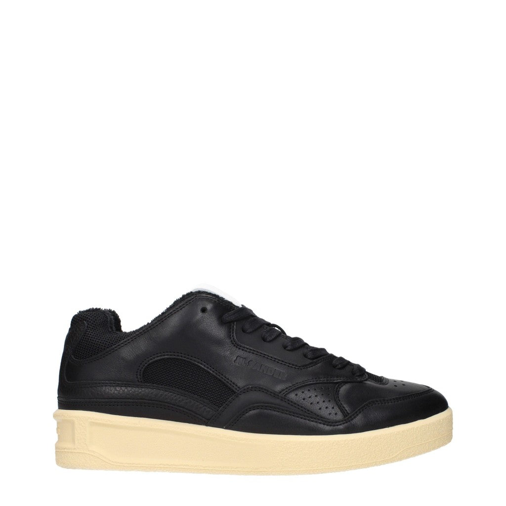Jil Sander Sneakers van leer en stof met vetersluiting – Zwart / Beige