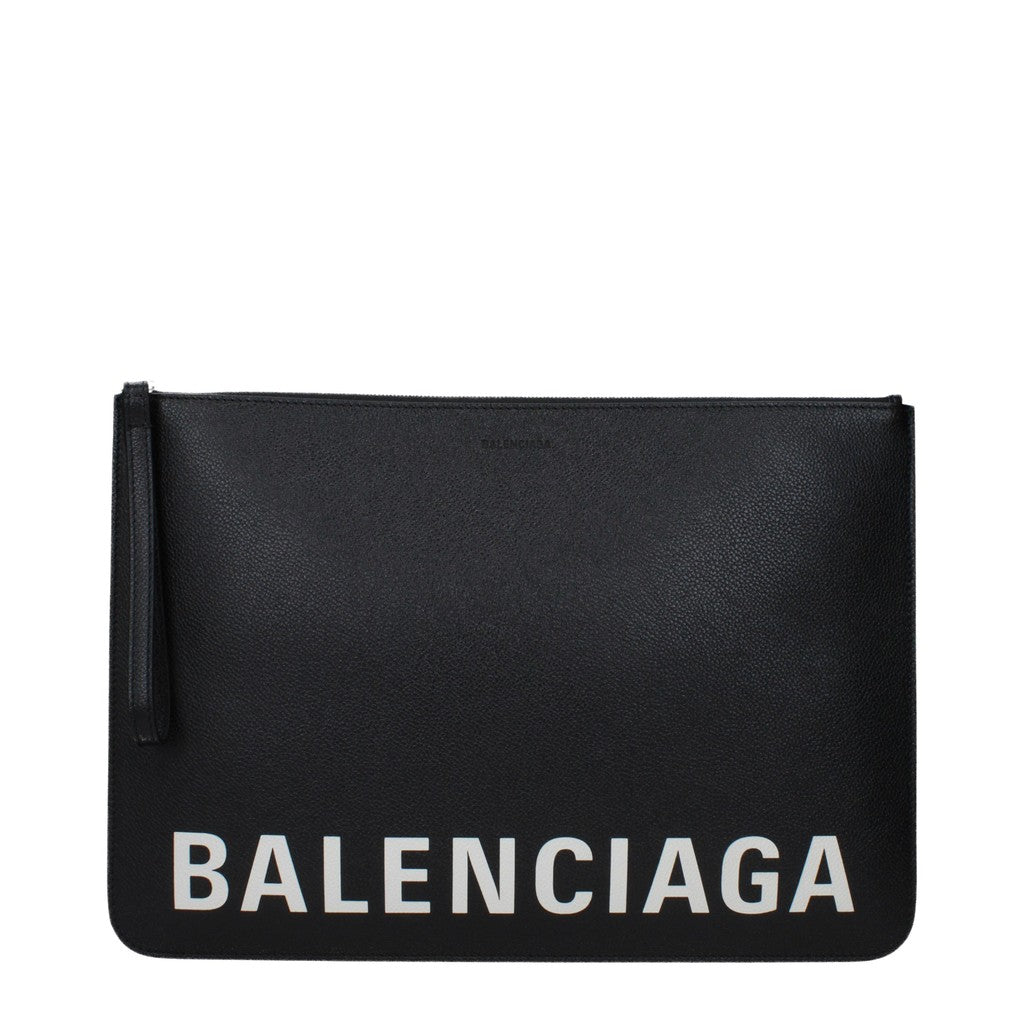 Balenciaga Platte leren clutch met zilverkleurige details – Zwart