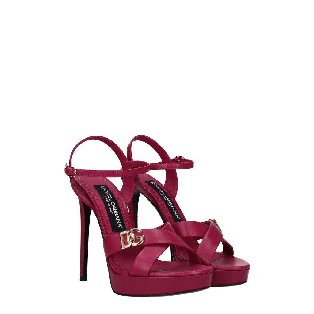 Dolce & Gabbana Leren sandalen met hak en goudkleurige details – Fuchsia