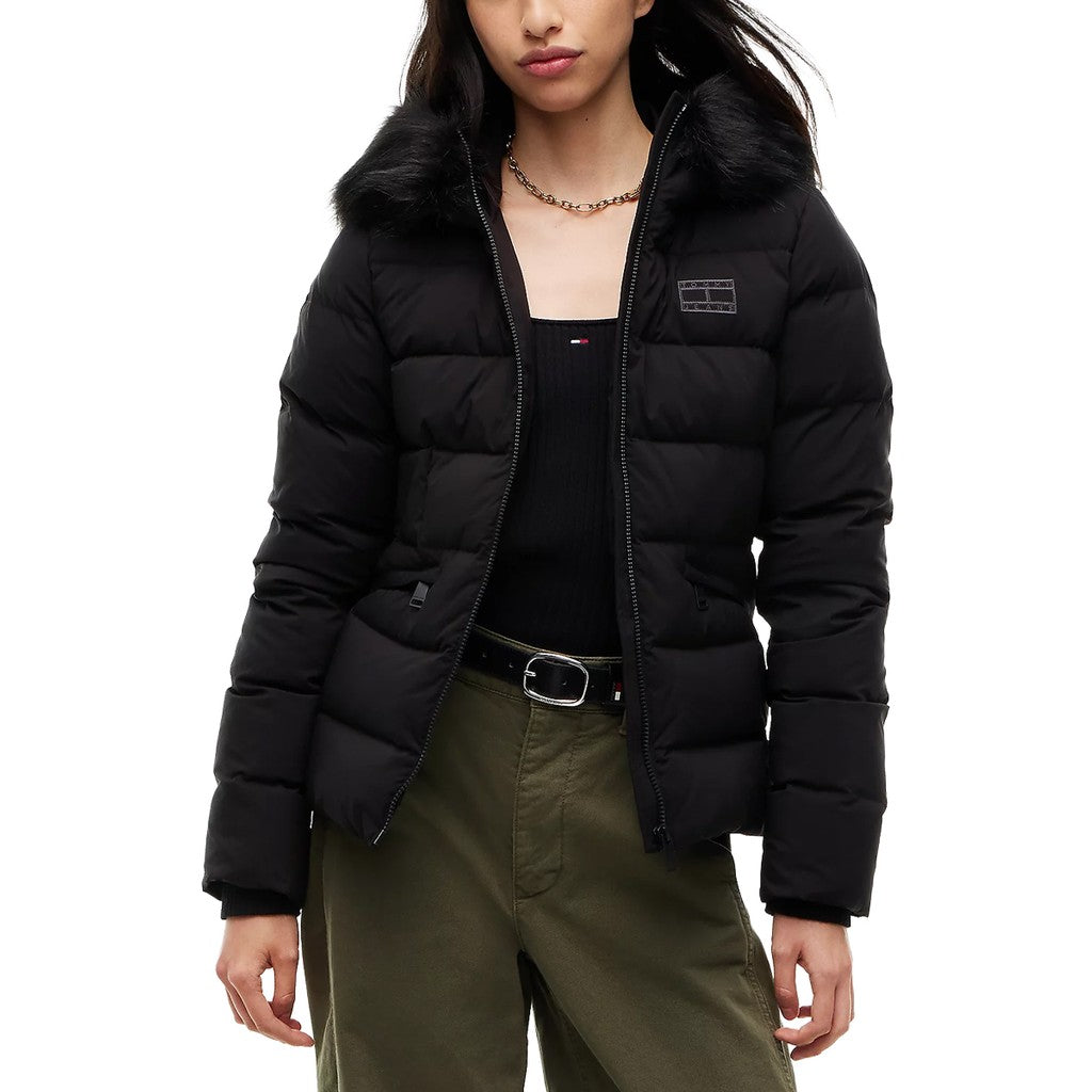 Tommy Jeans Pufferjas met capuchon en bontkraag – Zwart