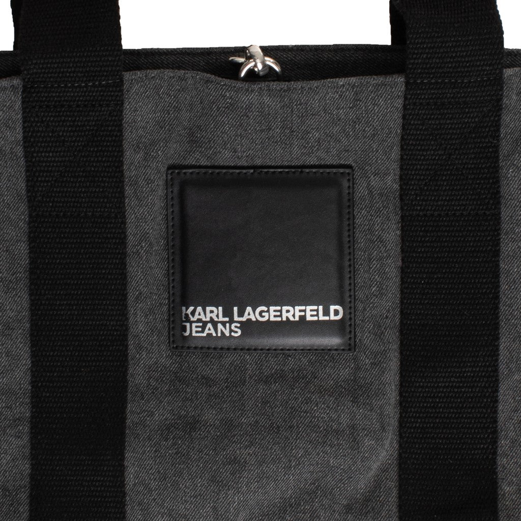 Karl Lagerfeld Tweekleurige shopper met haaksluiting en bedrukt logo – Zwart