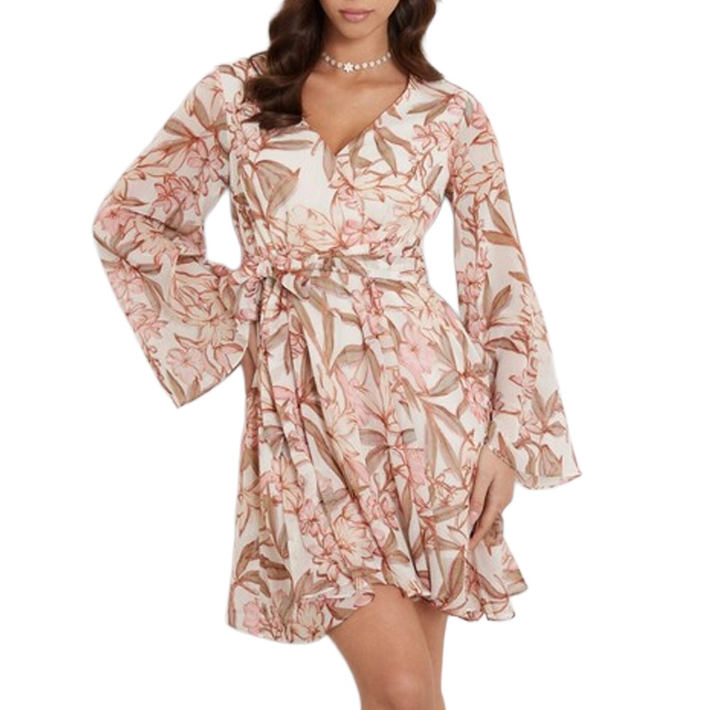Guess Knielange jurk met V-hals en lange mouwen – Beige / Bruin