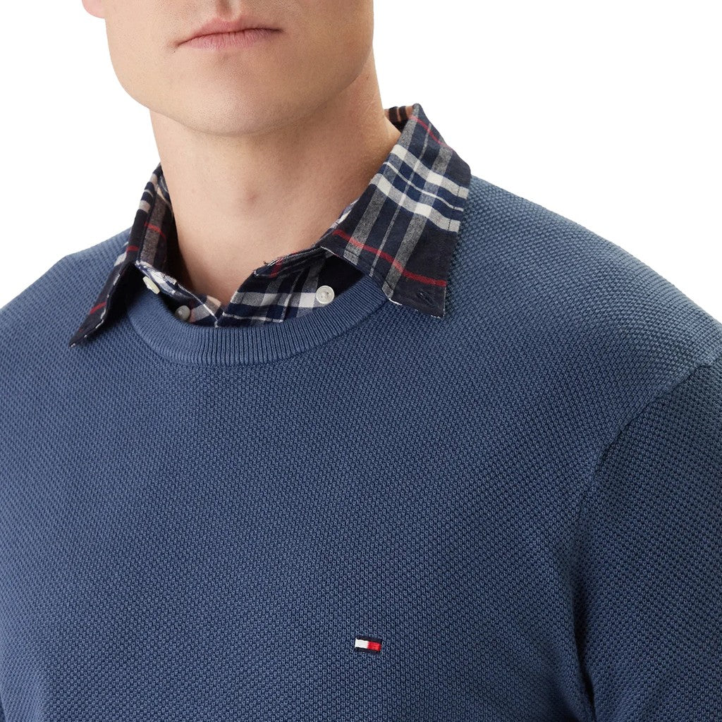Tommy Hilfiger Effen trui met ronde hals en logo – Blauw