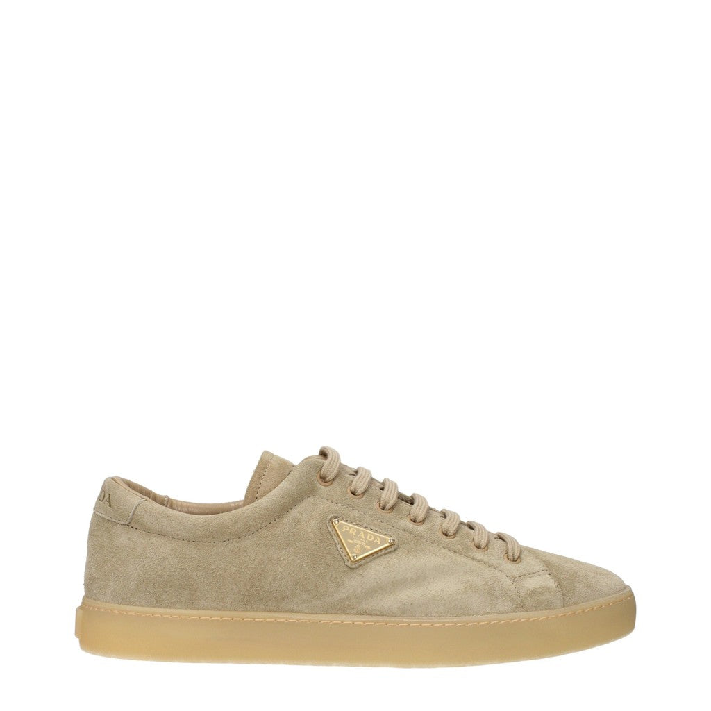 Prada Suède sneakers met goudkleurige details – Beige