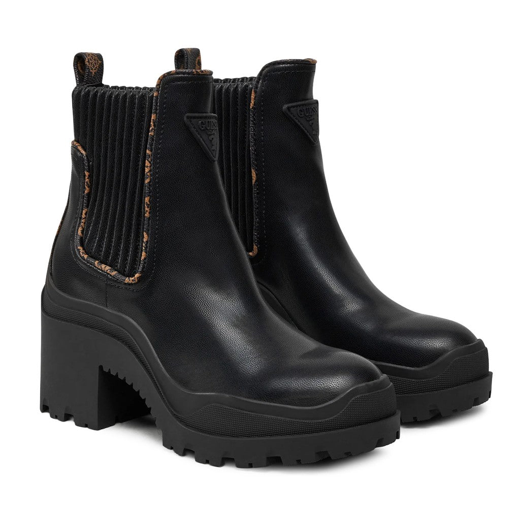 Guess Tweekleurige enkellaarzen met logo – Zwart