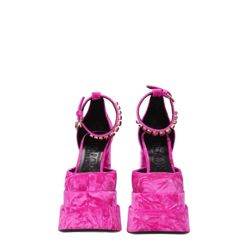 Versace Medusa Aevitas Fluwelen pumps met vierkante neus – Fuchsia