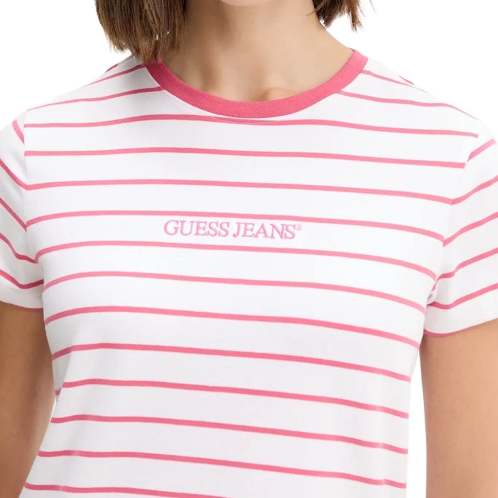 Guess Gestreept T-shirt met logoborduring – Roze