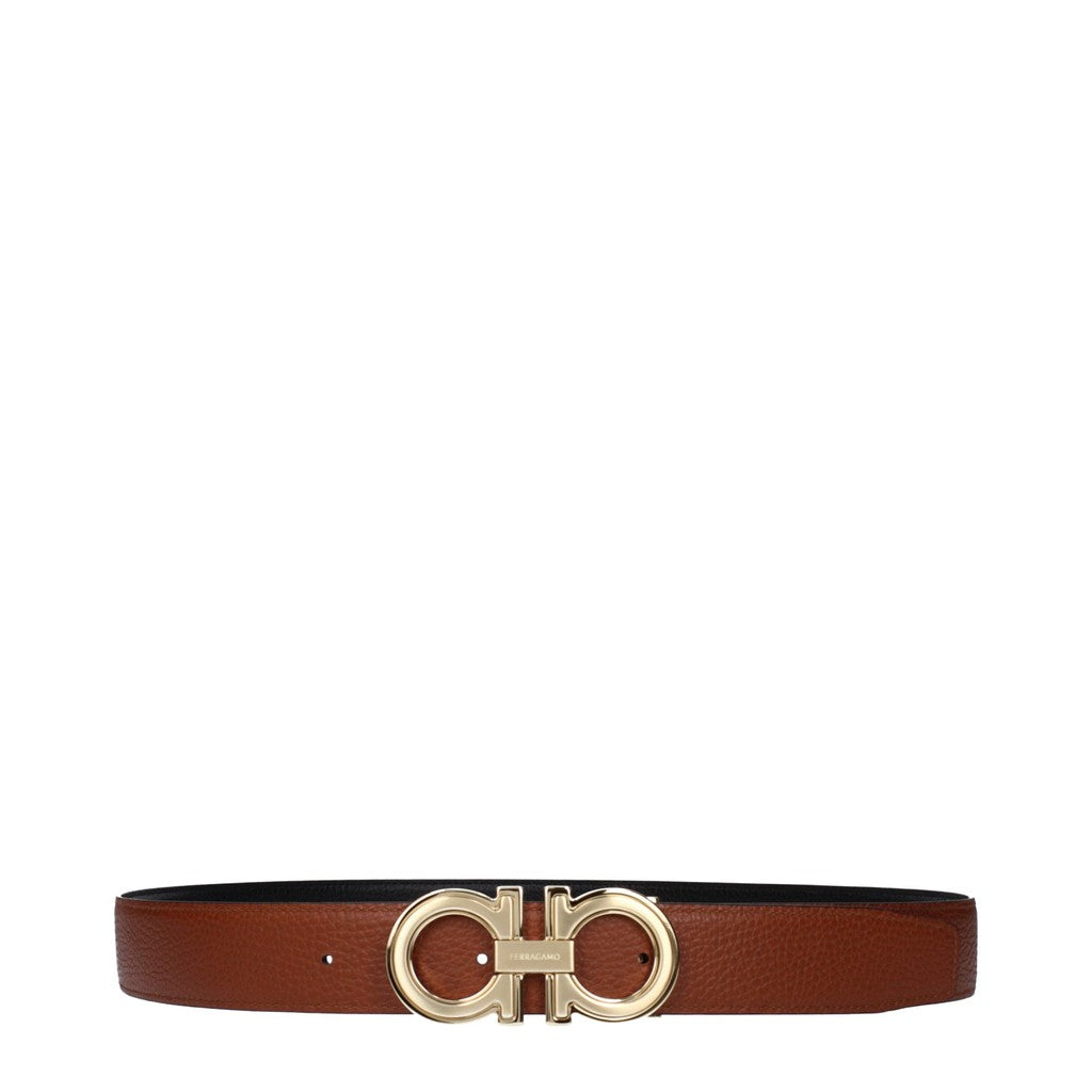 Salvatore Ferragamo Gancini Leren riem met goudkleurige details – Zwart / Cognac