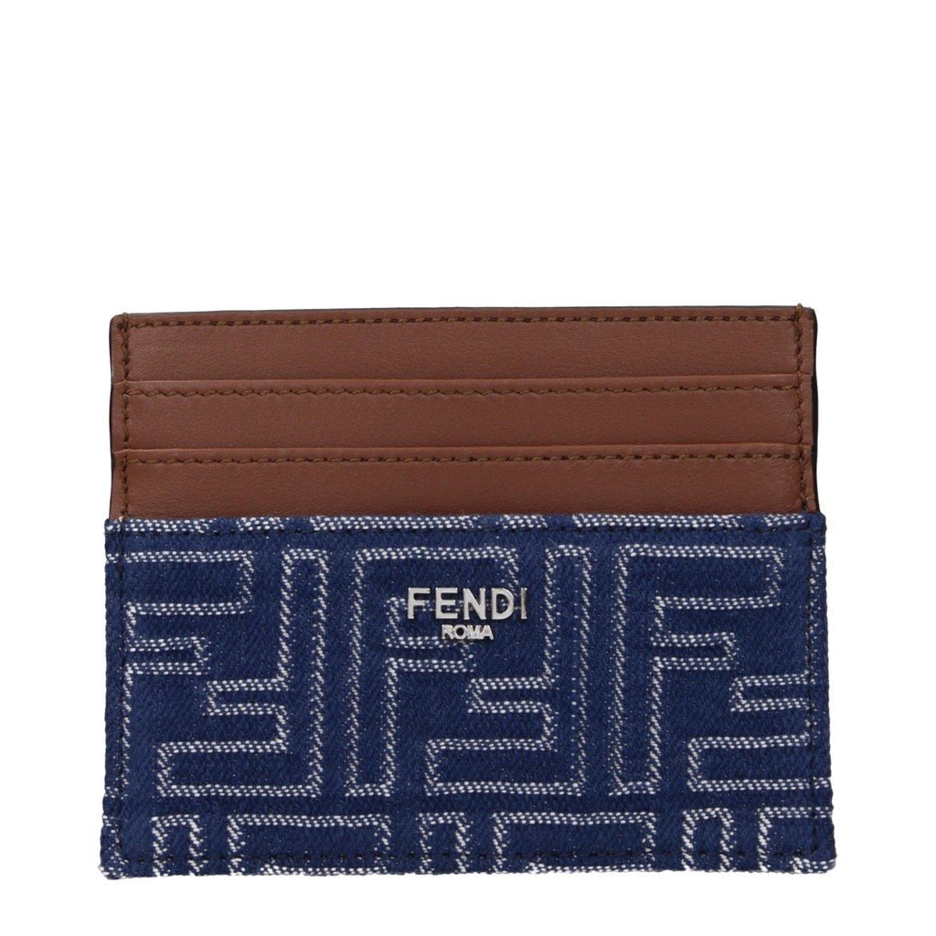 Fendi Slanke kaarthouder van stof en leer – Blauw / Bruin