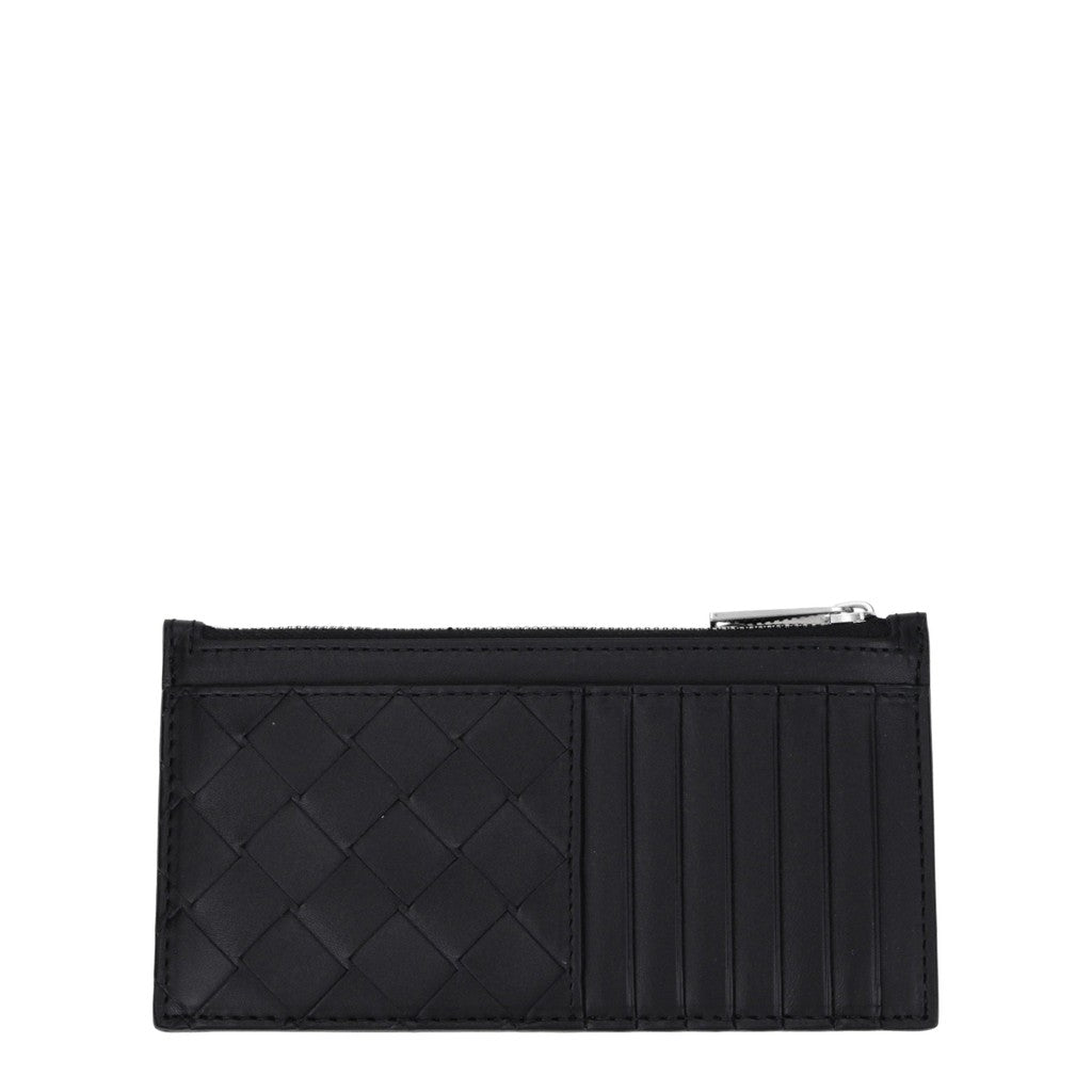 Bottega Veneta Leren kaarthouder met zilverkleurige details – Zwart