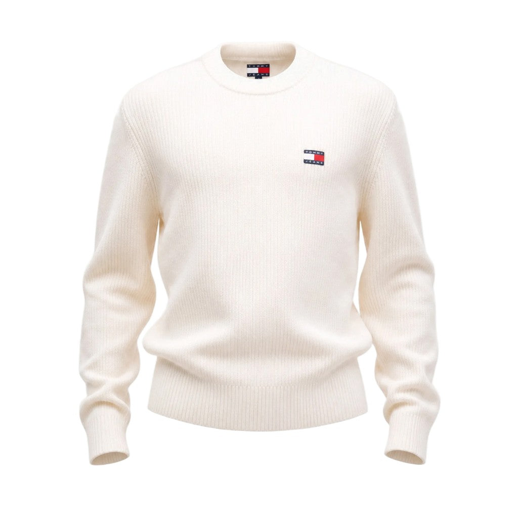 Tommy Jeans Regular Fit Trui met ronde hals en geborduurd logo – Gebroken wit