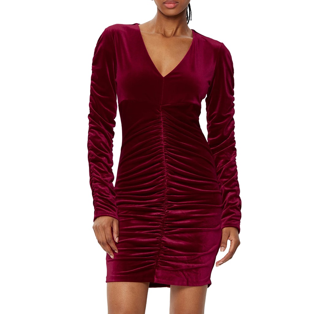 Guess Fluwelen jurk met V-hals en lange mouwen – Bordeaux