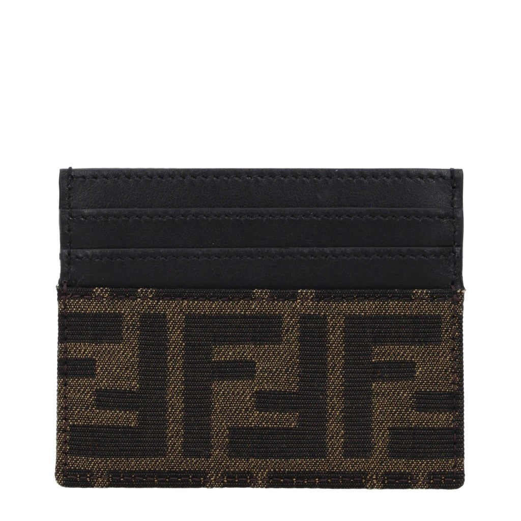 Fendi Platte kaarthouder van leer en stof – Bruin / Zwart