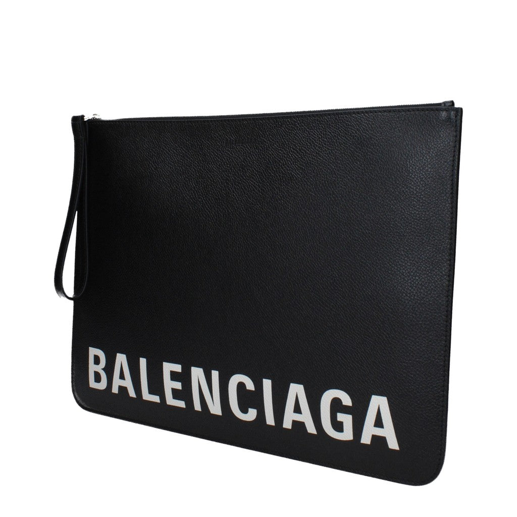 Balenciaga Platte leren clutch met zilverkleurige details – Zwart