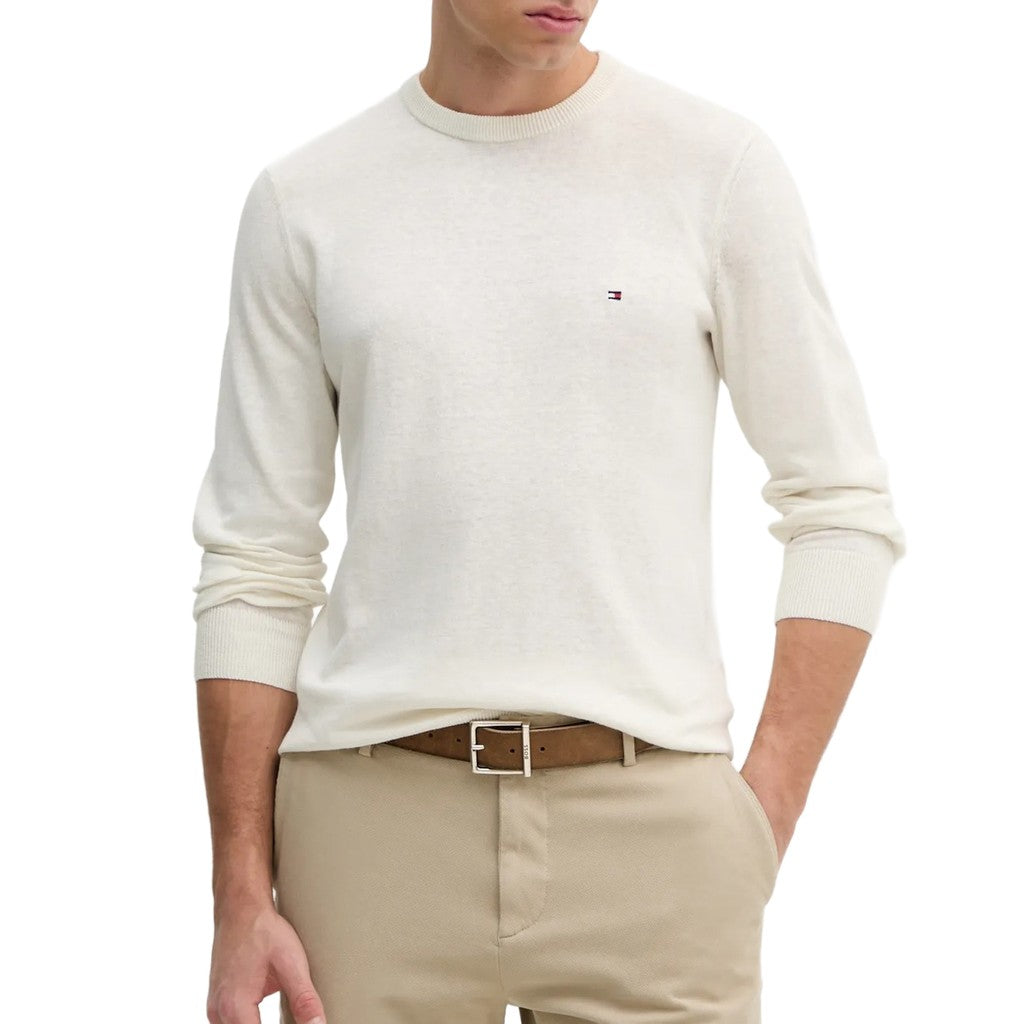 Tommy Hilfiger Effen trui met ronde hals en logo – Wit