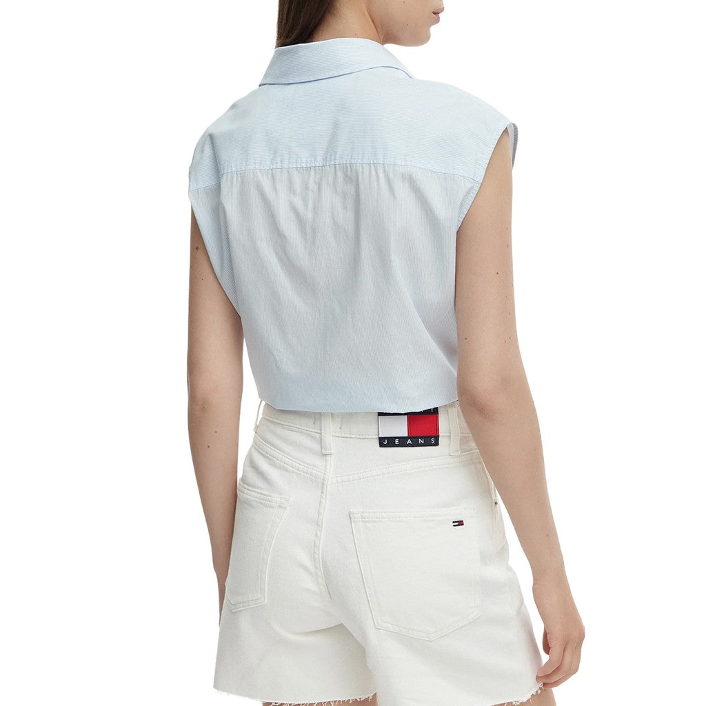 Tommy Jeans Poplin blouse met strikdetail – Lichtblauw / Wit