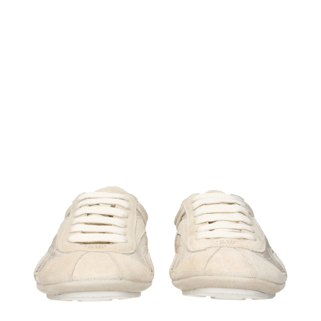 Prada Sneakers van stof en suède met vetersluiting – Beige / Ivoor