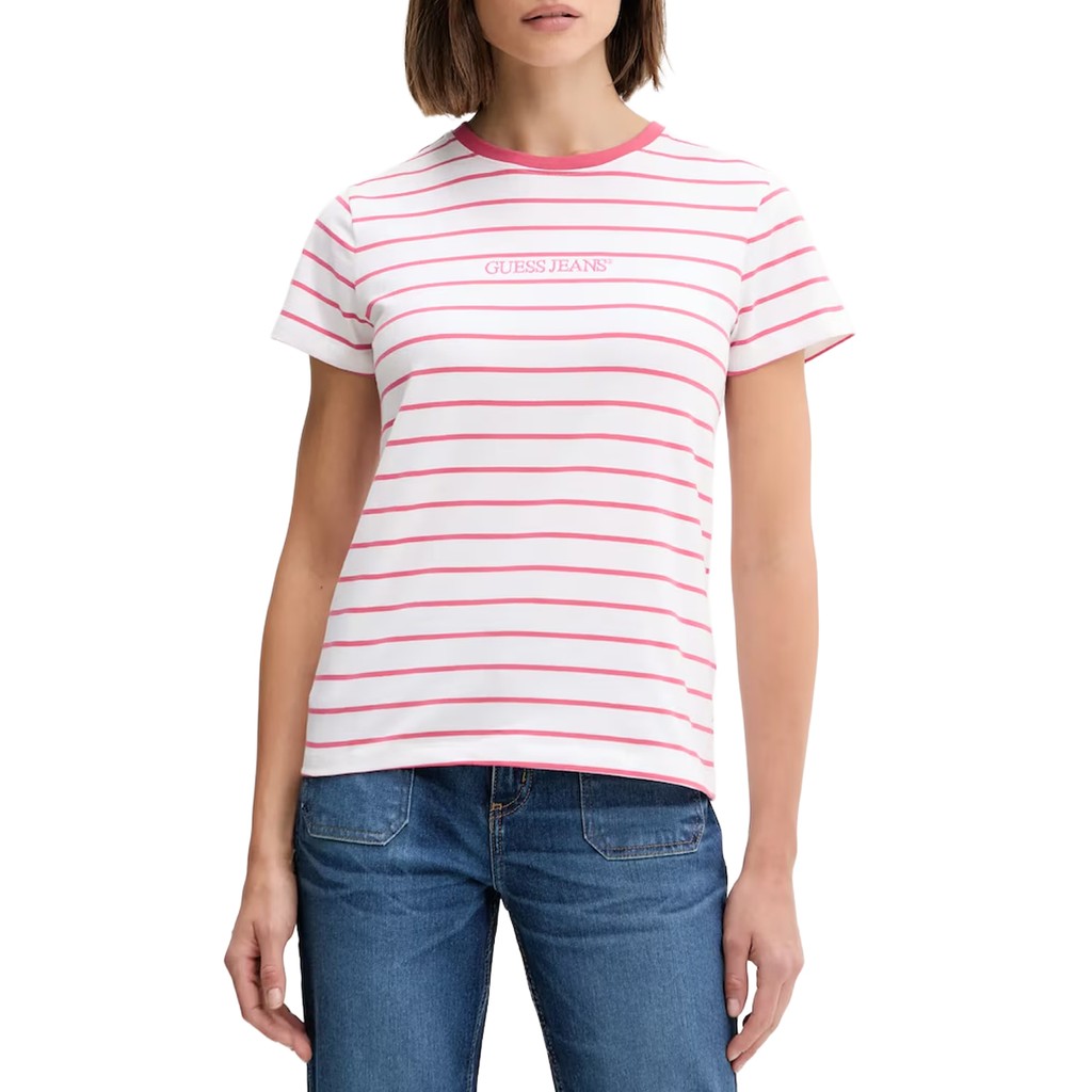 Guess Gestreept T-shirt met logoborduring – Roze