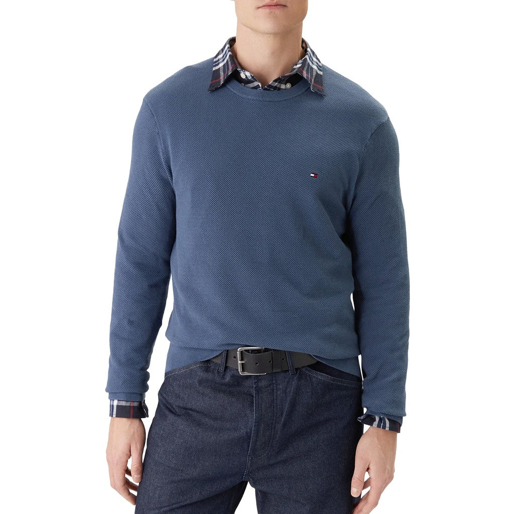 Tommy Hilfiger Effen trui met ronde hals en logo – Blauw