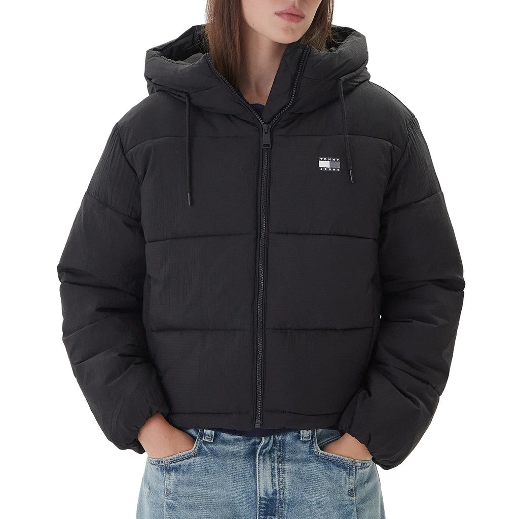 Tommy Jeans Pufferjas met capuchon en trekkoord – Zwart