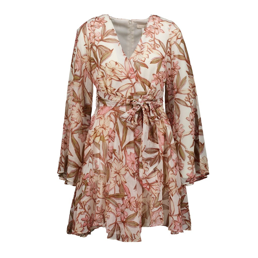 Guess Knielange jurk met V-hals en lange mouwen – Beige / Bruin
