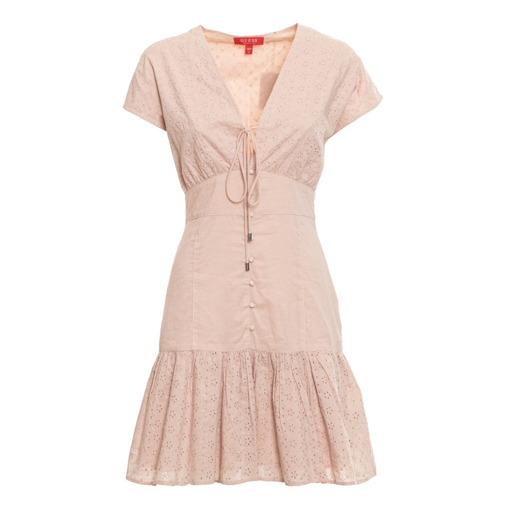 Guess Knielange jurk met V-hals en knoopsluiting – Roze