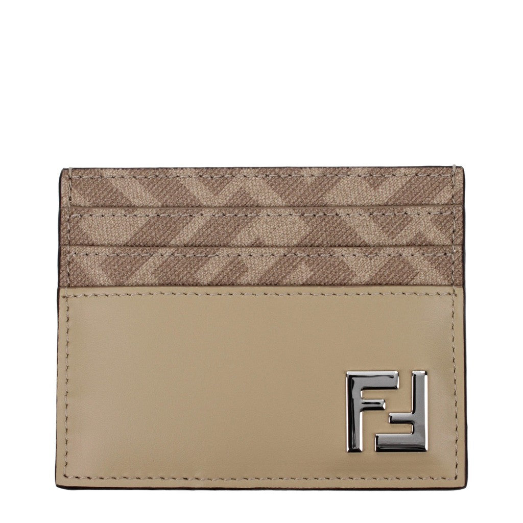 Fendi Kaarthouder van leer en stof met zeven kaartvakken – Beige