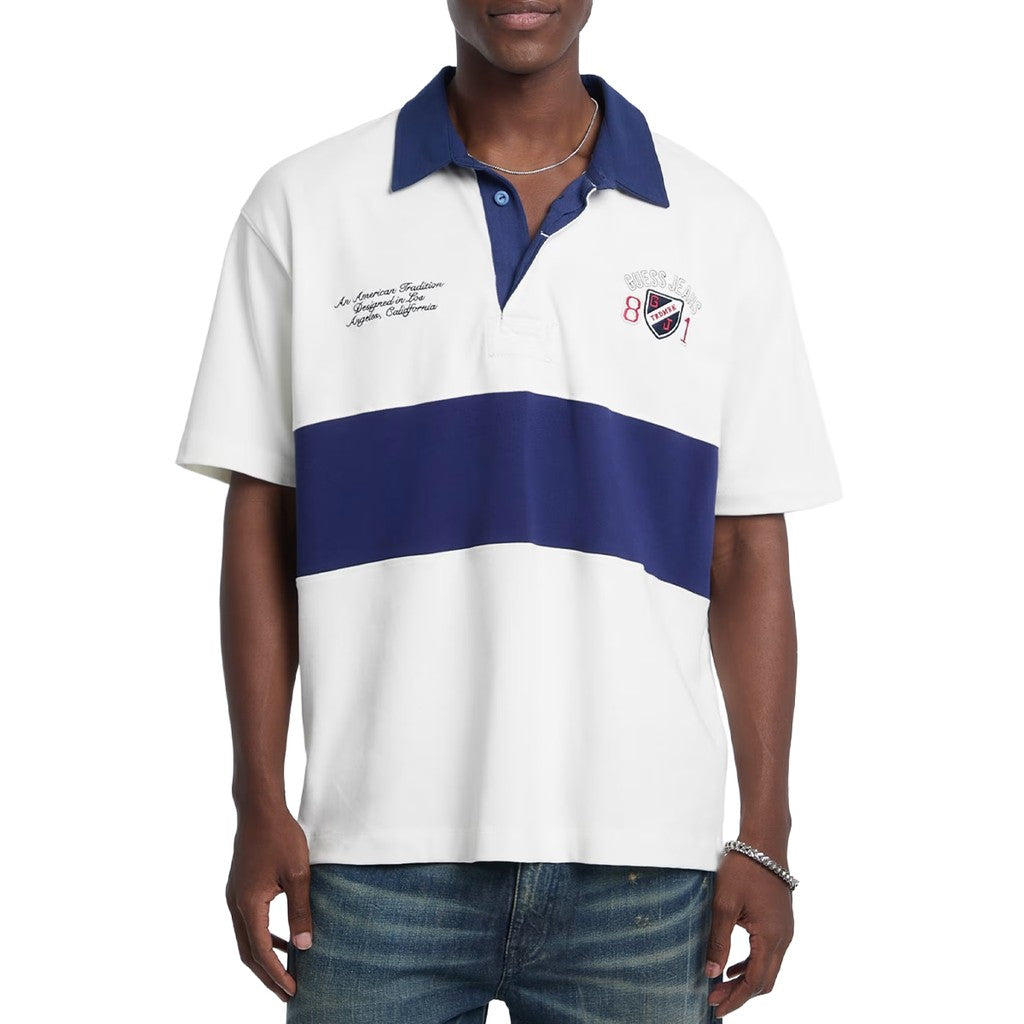 Guess Gestreepte polo met logoborduring – Wit