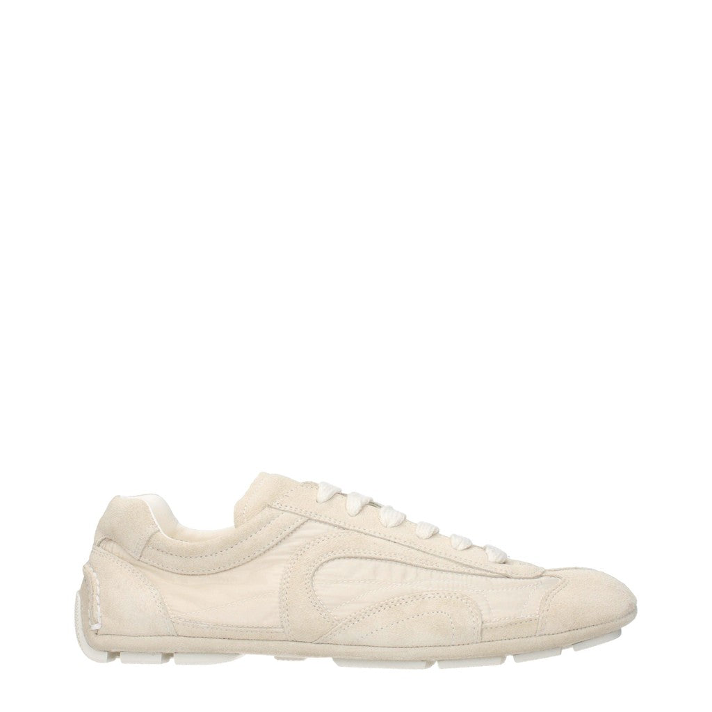 Prada Sneakers van stof en suède met vetersluiting – Beige / Ivoor