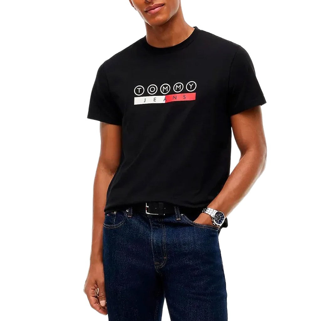 Tommy Jeans Slim Fit T-shirt met ronde hals en bedrukt logo – Zwart